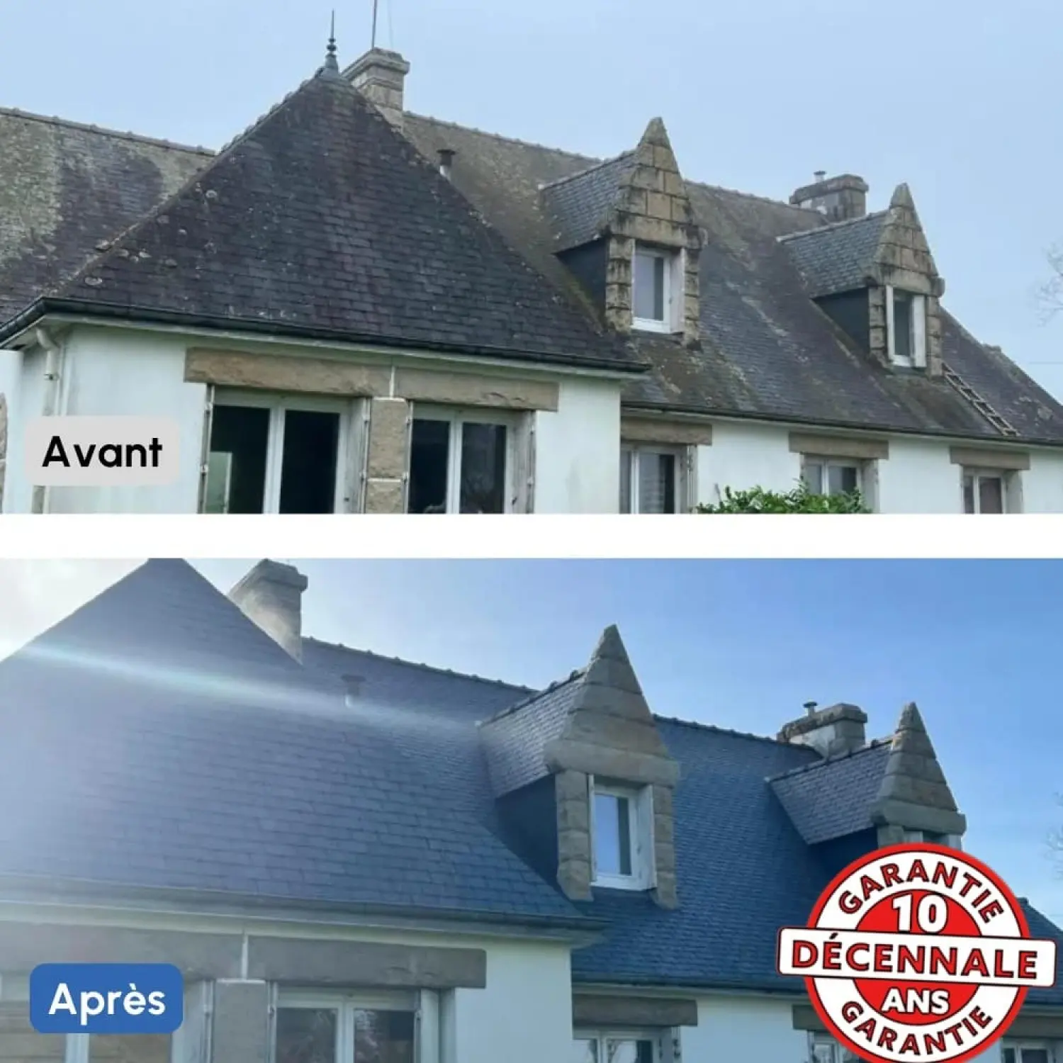Réparation de toiture en ardoise, avant et après intervention, dans le Morbihan